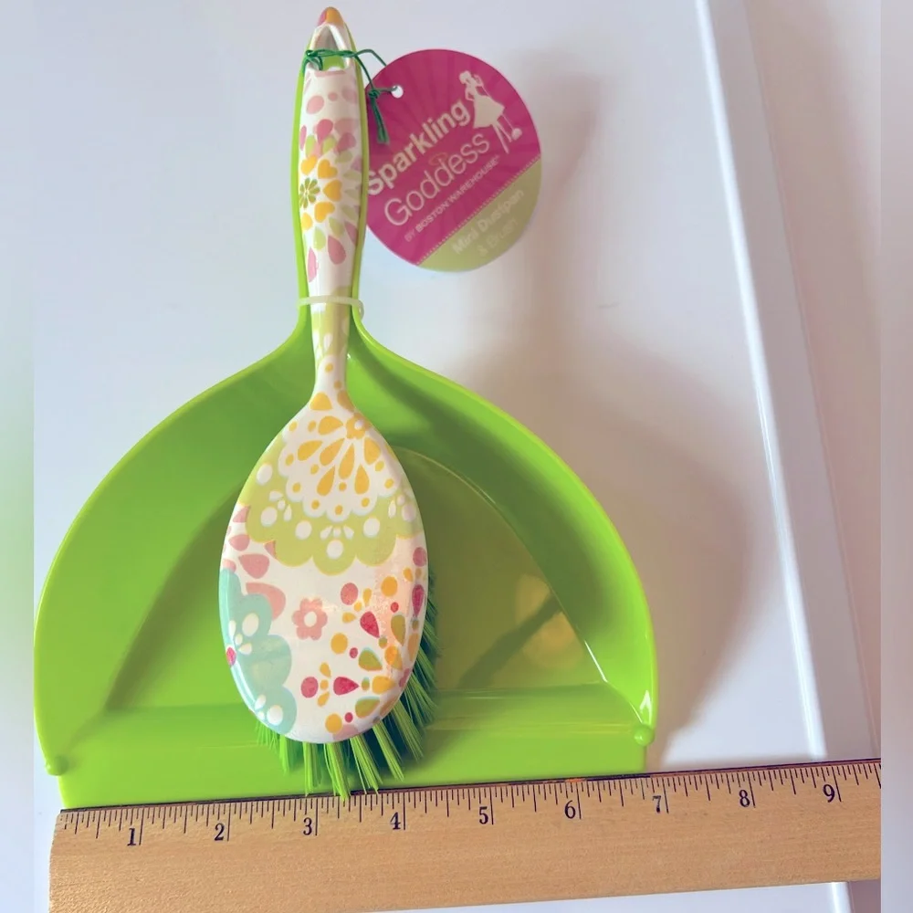 Small Lime Green Dustpan with Floral Handle Brush with Lime Bristles.